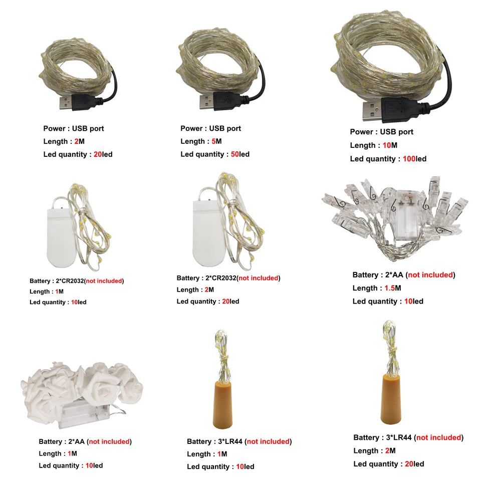 1m/2m/5m/10m Photo Clip USB LED String Fairy Lights Outdoor Battery
